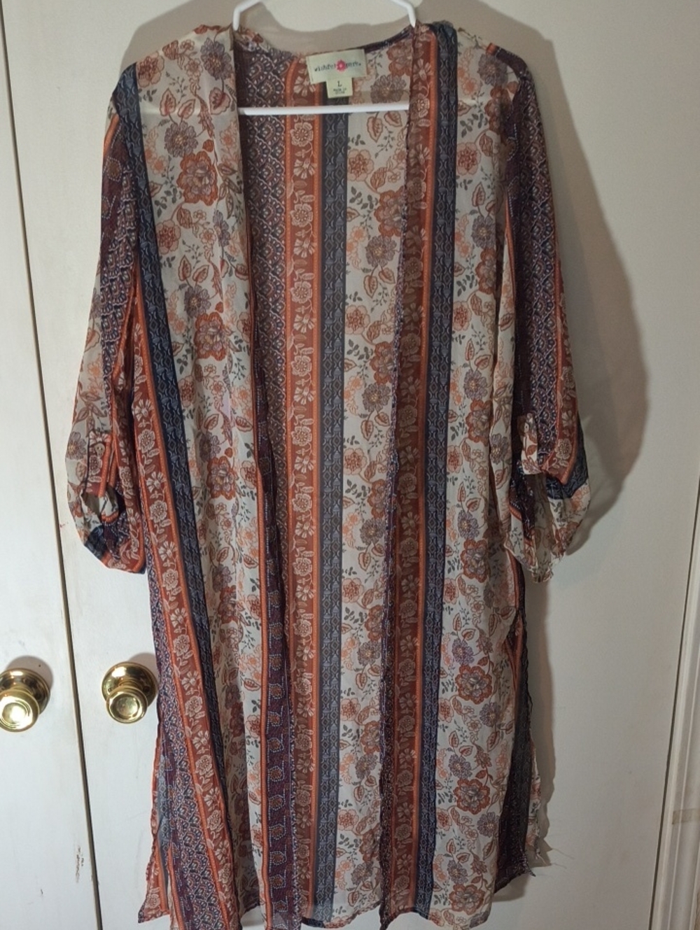 Wishful Park Striped Floral Open-Front Kimono in Rust, Navy & Ivory